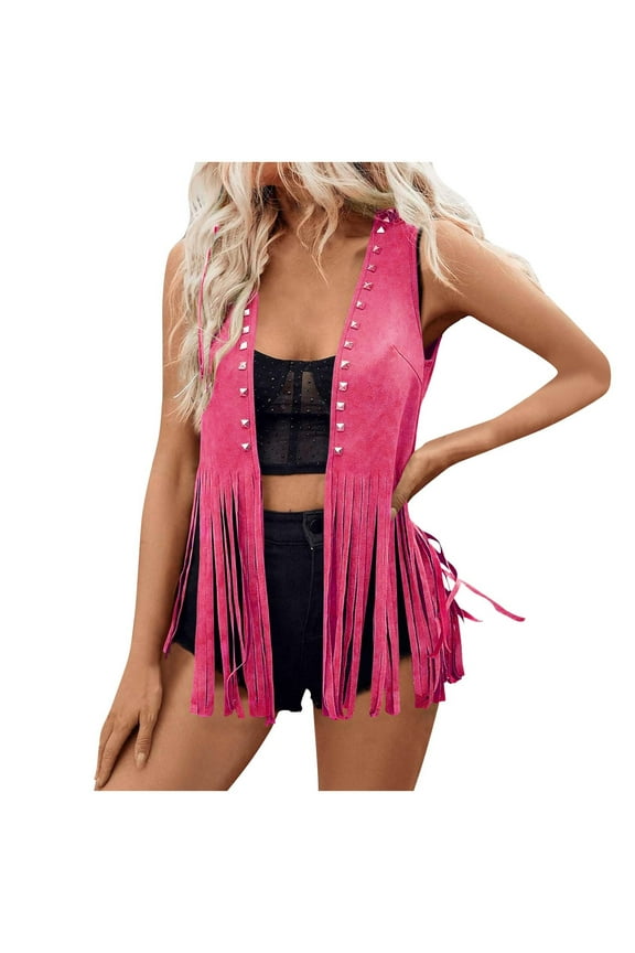 Women’s Solid Faux Suede Fringe Studded Irregular Hem Cardigan Jacket – Boho Edgy Layering Essential for Women, Soft Fabric & Loose Fit Tops for Daily & Party Styles