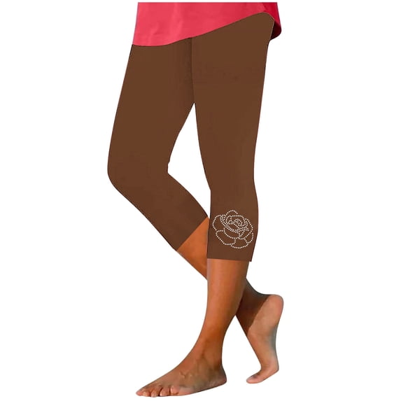 SwiftWear Women's Sparkle Rose Capri Pants - High Waisted Solid Color Leggings with Rhinestone Trim, Plus Size 3XL