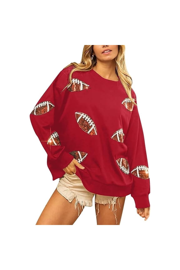 Women's Sparkle Sequin Embellished Crewneck Sweatshirt Plus Size Oversized Comfort Top Casual Long Sleeve Glitter Pullover Trendy Red