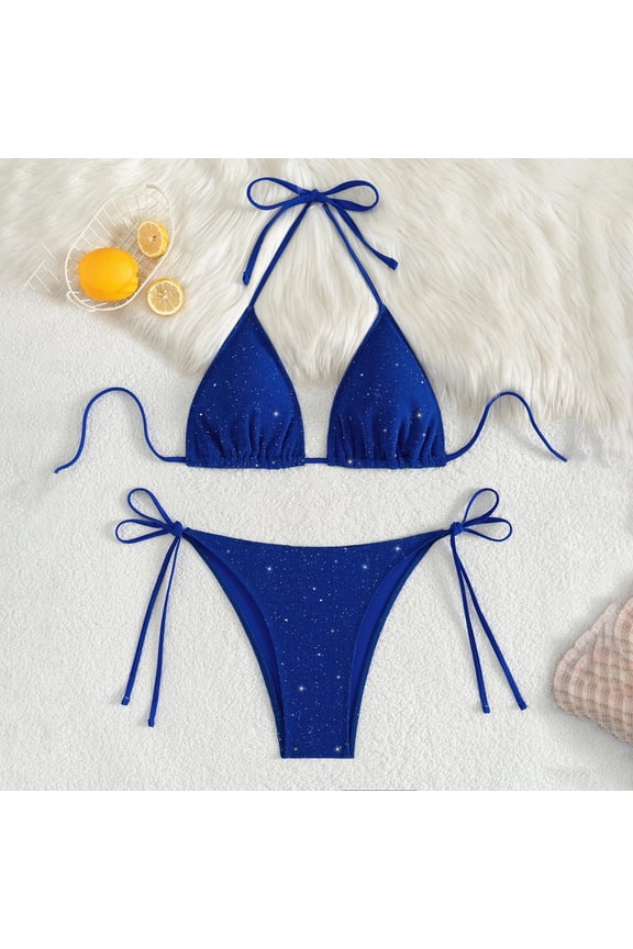 Women's Sparkling Sequin String Bikini Set Halter Neck & Adjustable Tie-Side Two-Piece Swimsuit