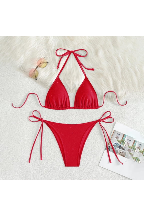 Women's Sparkling Sequin String Bikini Set Halter Neck & Adjustable Tie-Side Two-Piece Swimsuit