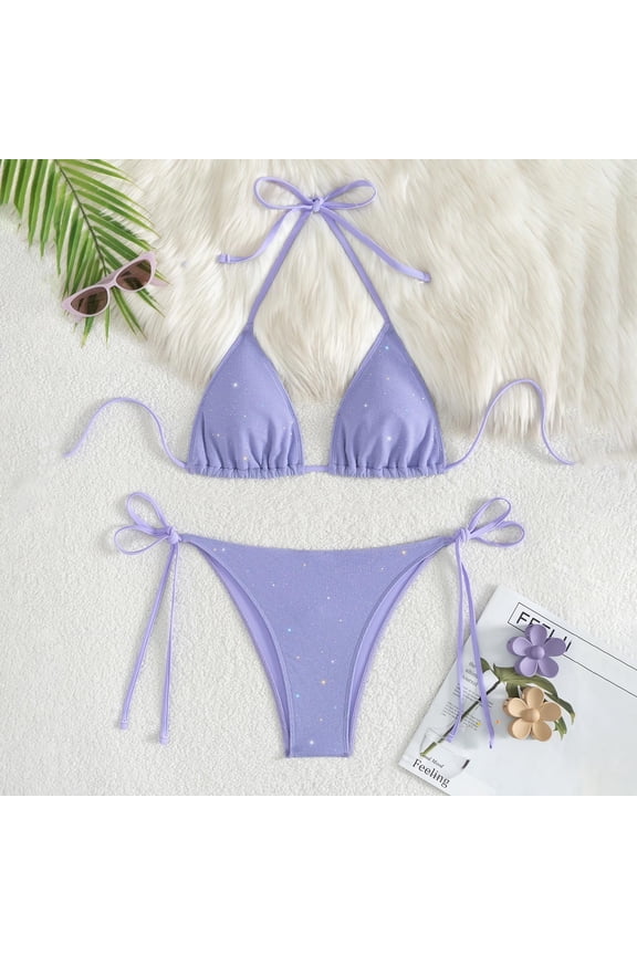 Women's Sparkling Sequin String Bikini Set Halter Neck & Adjustable Tie-Side Two-Piece Swimsuit
