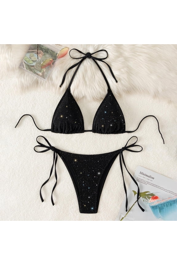 Women's Sparkling Sequin String Bikini Set Halter Neck & Adjustable Tie-Side Two-Piece Swimsuit