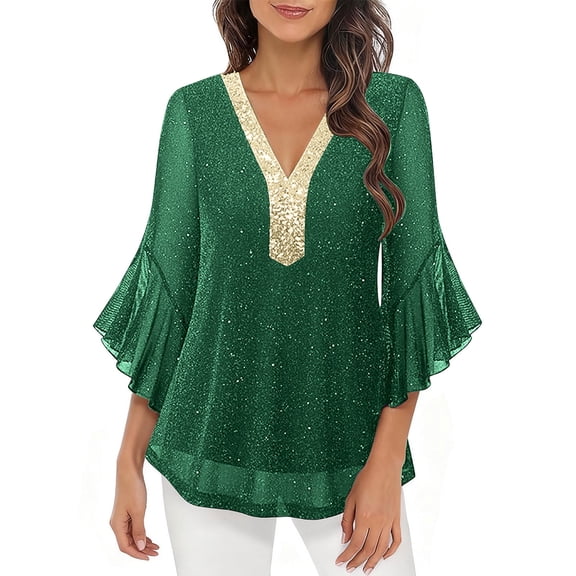 SwiftWear Women's Sparkly Party Tops 3/4 Sleeve Mesh Blouse Elegant Silver Trim V-Neck Evening Wear for Gatherings & Dinner Dates​ Green