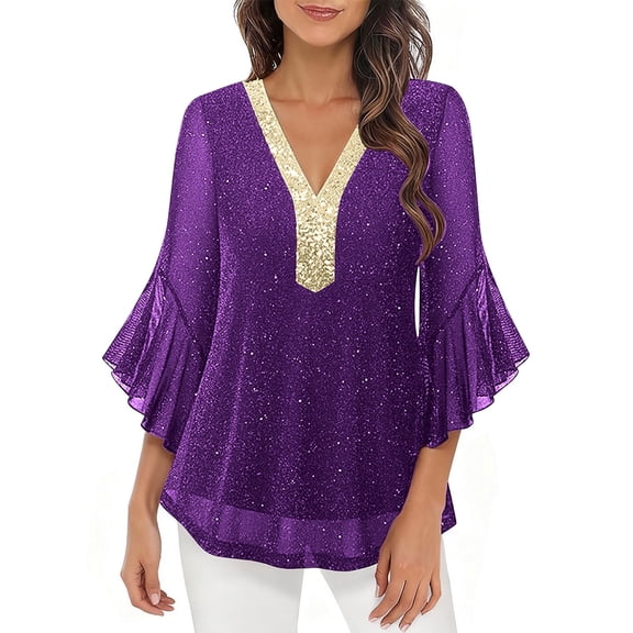 SwiftWear Women's Sparkly Party Tops 3/4 Sleeve Mesh Blouse Elegant Silver Trim V-Neck Evening Wear for Gatherings & Dinner Dates​ Purple