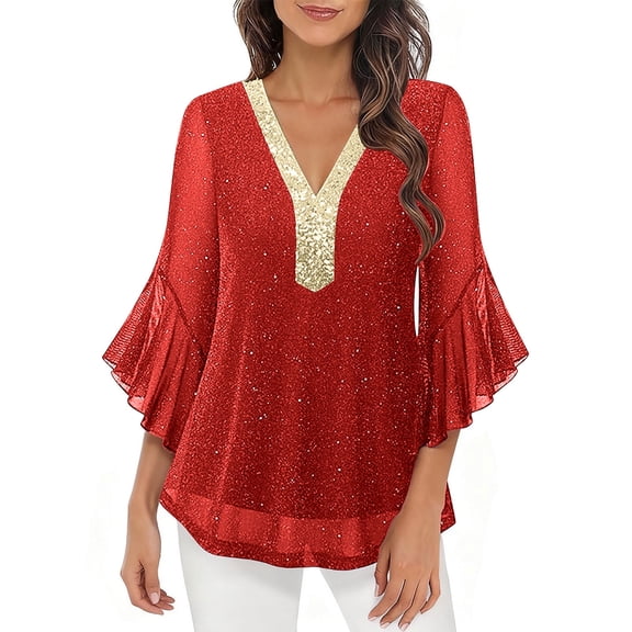 SwiftWear Women's Sparkly Party Tops 3/4 Sleeve Mesh Blouse Elegant Silver Trim V-Neck Evening Wear for Gatherings & Dinner Dates​ Red