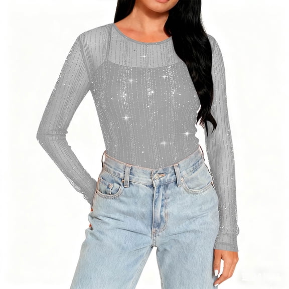 SwiftWear Women's Sparkly See Through Mesh Tops Long Sleeve Crew Neck Party Blouse Elegant Sheer Sequin Cover Up for Holiday Events (Without Cami) Gray