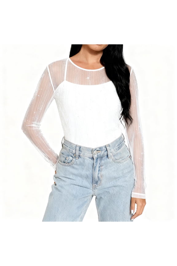 Women's Sparkly See Through Mesh Tops Long Sleeve Crew Neck Party Blouse Elegant Sheer Sequin Cover Up for Holiday Events (Without Cami) White