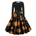 thumbnail image 1 of SwiftWear Women's Spooky Halloween Dress Crew Neck Long Sleeve Pumpkin Print Flared Dress with Bow Belt for Comfortable Party Outfit, Costume​, 1 of 3