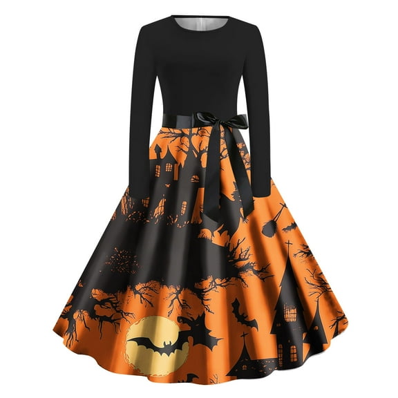 SwiftWear Women's Spooky Halloween Dress Crew Neck Long Sleeve Pumpkin Print Flared Dress with Bow Belt for Comfortable Party Outfit, Costume​