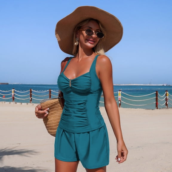 SwiftWear Women's Sporty Tankini Set Ruched Top & High Waisted Shorts with Pockets, Tummy Control Swimwear for Beach & Pool