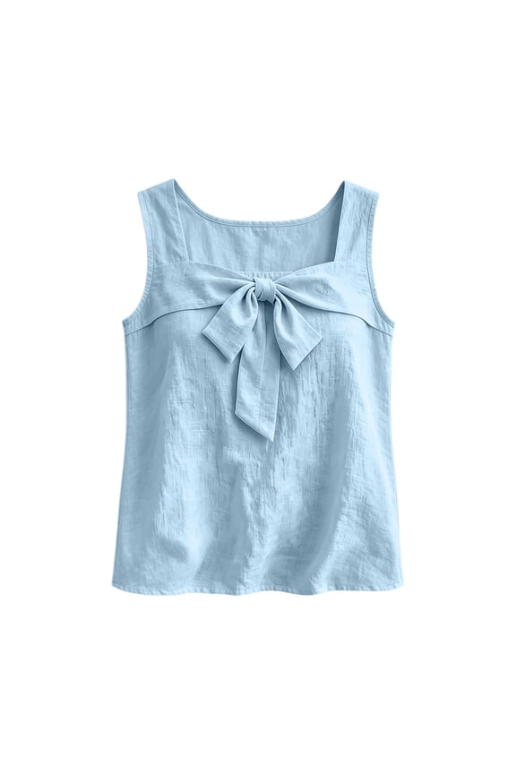 Women's Square Neck Tank Top Bow Tie Front Cute Casual Cotton Blouse Loose Fit Summer Top