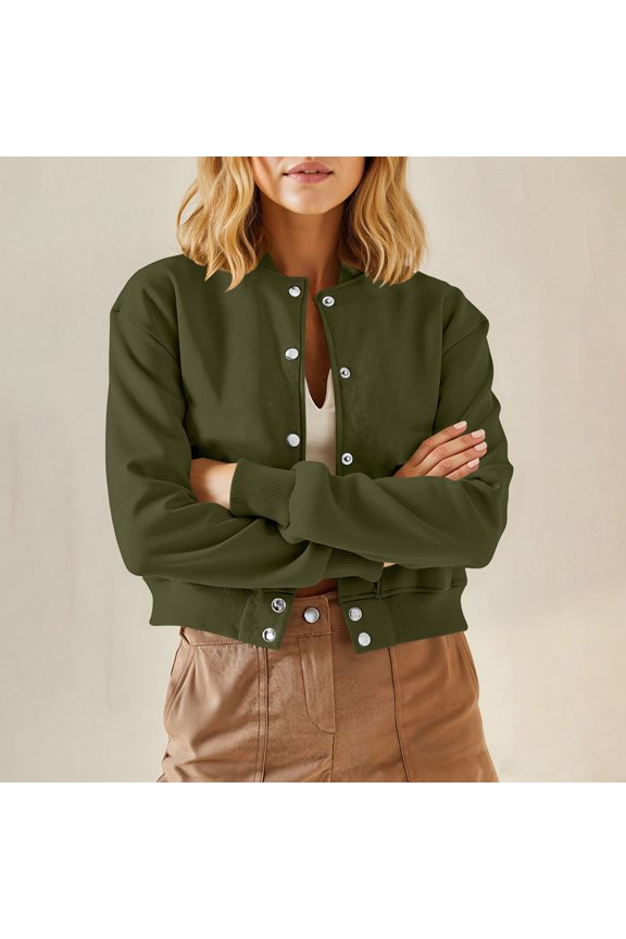 Women's Stand Collar Varsity Bomber Jacket Cropped Button Front Coat Casual Long Sleeve Outerwear​​, Army Green