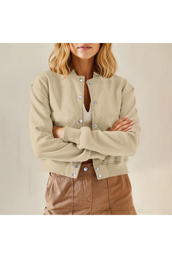 Women's Stand Collar Varsity Bomber Jacket Cropped Button Front Coat Casual Long Sleeve Outerwear, Beige