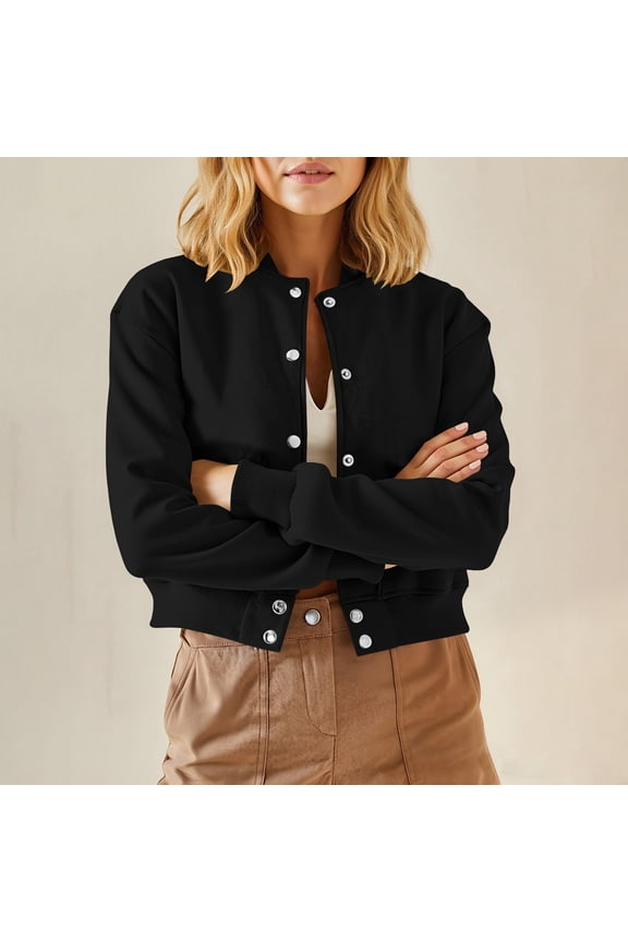 Women's Stand Collar Varsity Bomber Jacket Cropped Button Front Coat Casual Long Sleeve Outerwear​​, Black