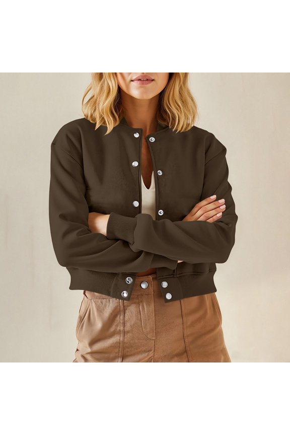 Women's Stand Collar Varsity Bomber Jacket Cropped Button Front Coat Casual Long Sleeve Outerwear, Brown