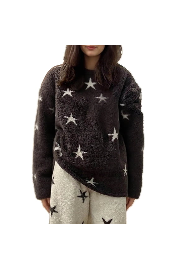 Women's Star Print Coral Fleece Pajama Set Cozy Winter Sleepwear & Loungewear Soft Warm Lounge Wear with Elastic Waistband