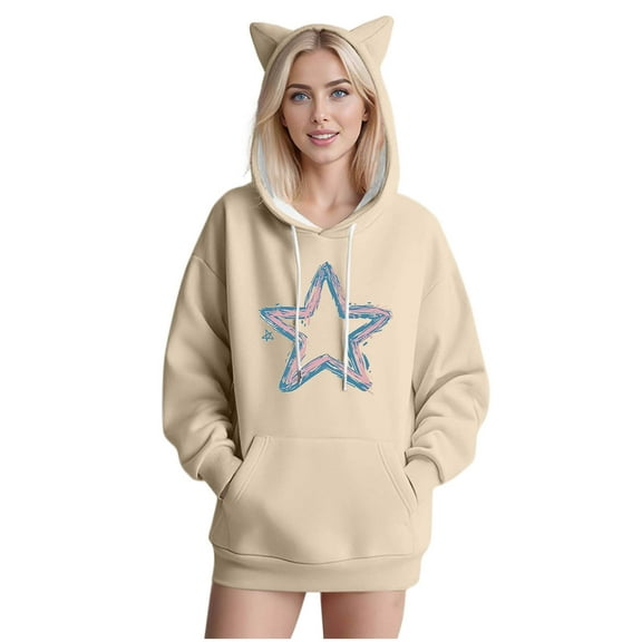 SwiftWear Women's Star Print Cute Cat Ear Hoodie Soft Pullover Hooded Tops with Front Pockets, Animal Themed Casual Wear Khaki