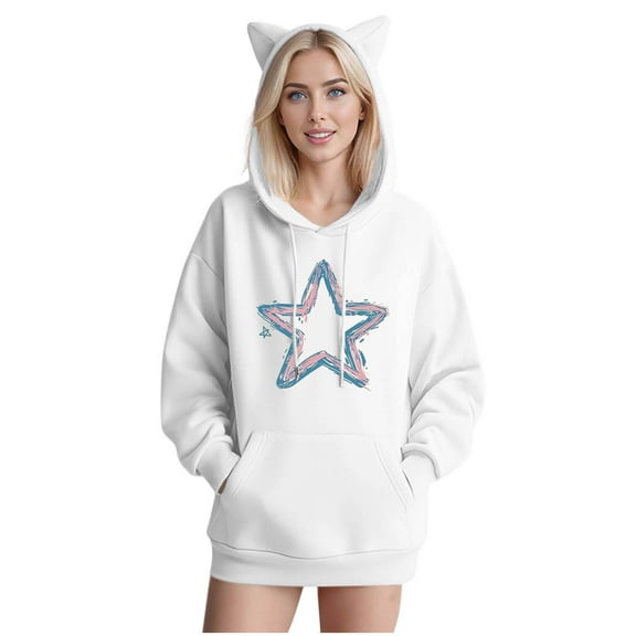 SwiftWear Women's Star Print Cute Cat Ear Hoodie Soft Pullover Hooded Tops with Front Pockets, Animal Themed Casual Wear White