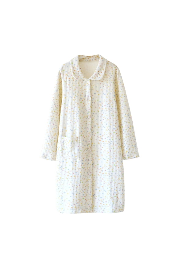 Women's Star Print Sleep Robe with Turn-Down Collar - Cozy Cotton Long Sleeve Loungewear, Button Front Robe with Pockets for Fall Winter