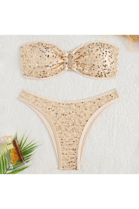 Women's Strapless Glitter Bikini Set Shiny Sequin Bandeau & High Cut Bottom Two-Piece Swimsuit