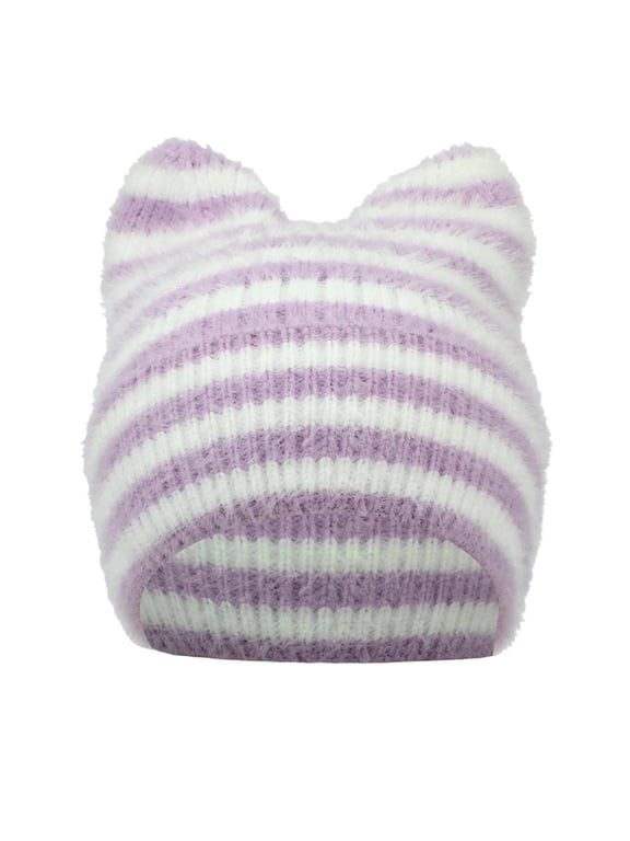 Women's Striped Cat Ear Knit Beanie Hats Warm Winter Ear Flap Crochet Beanies, Cozy Faux Fur Slouchy Hat for Cold Weather