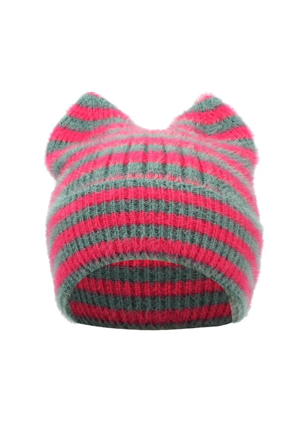 Women's Striped Cat Ear Knit Beanie Hats Warm Winter Ear Flap Crochet Beanies, Cozy Faux Fur Slouchy Hat for Cold Weather​