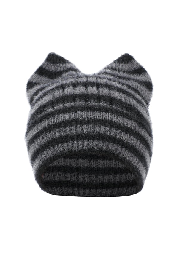 Women's Striped Cat Ear Knit Beanie Hats Warm Winter Ear Flap Crochet Beanies, Cozy Faux Fur Slouchy Hat for Cold Weather
