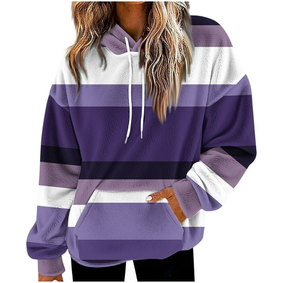 SwiftWear Women's Striped Fleece Drop-Shoulder Hoodie - Casual Pullover Soft Plush Loungewear with Pocket for Fall Winter Purple