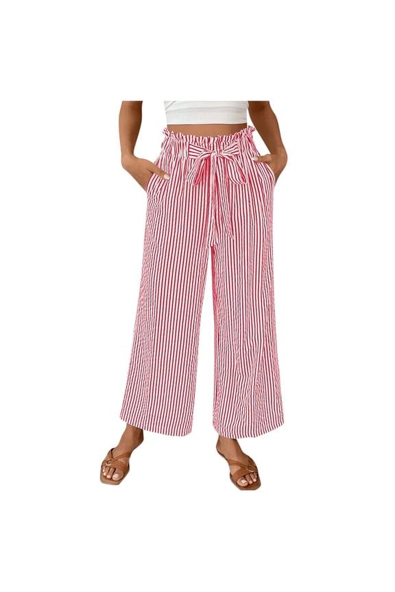 Women's Striped Flowy Wide Leg Pants with Side Pockets & Ruffle High Waisted,Drawstring Waist Plus Size Casual Trousers Comfortable Lounge Wear S-3XL
