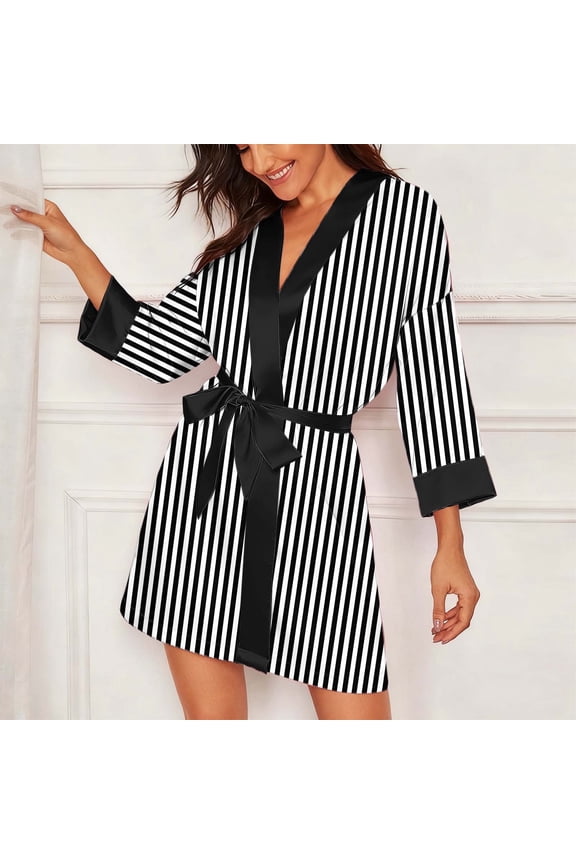 Women's Striped Satin Robe Kimono Style Soft Belted Silky Bathrobe Bridesmaid Bride Party Sleepwear for Home Lounge, Black