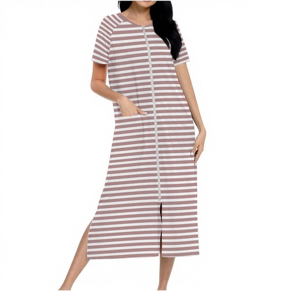 SwiftWear Women's Striped Sleep Robe with Vertical Pattern, Long Length Zipper Nightgown with Contemporary Design for Home Loungewear