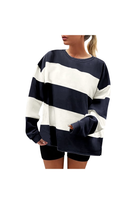Women's Striped Sweat Shirt Soft Stretch Oversized Sweatshirt Pullover Tops Casual Comfort Wear for Everyday Style Navy
