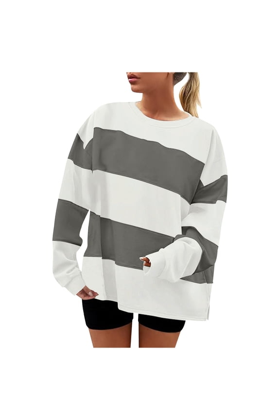 Women's Striped Sweat Shirt Soft Stretch Oversized Sweatshirt Pullover Tops Casual Comfort Wear for Everyday Style White