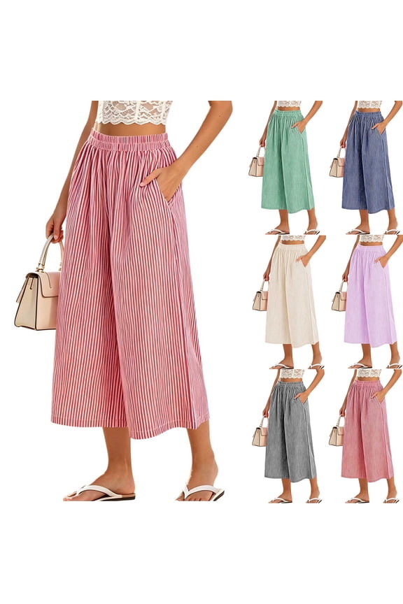 Women's Striped Wide Leg Capri Pants Culottes High Waisted Elastic Waistband Loose Palazzo Cropped Trousers with Pockets Casual Summer Beach Pants