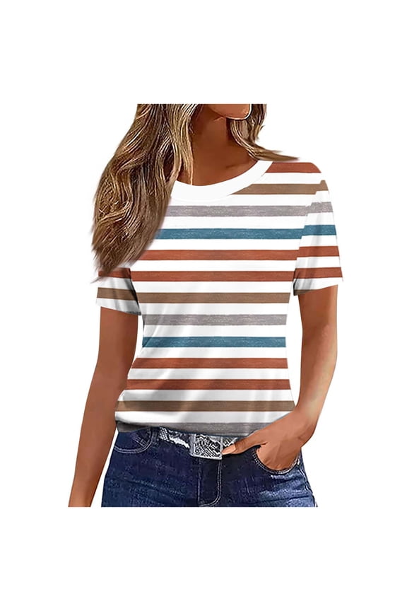 Women's Summer Blouse Round-Neck Short-Sleeve Tee with Horizontal Multicolor Stripes – Casual Summer Tops for Women, Trendy Tops