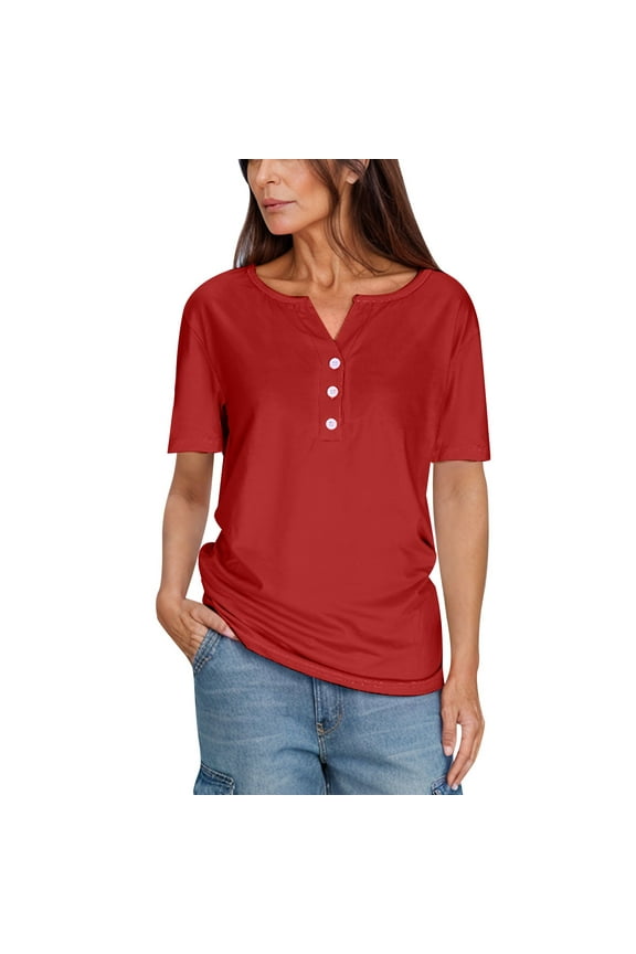 Women’s Summer Casual V-Neck Tops & Blouses - Short Sleeve Solid T-Shirts, Relaxed Fit Style Tees