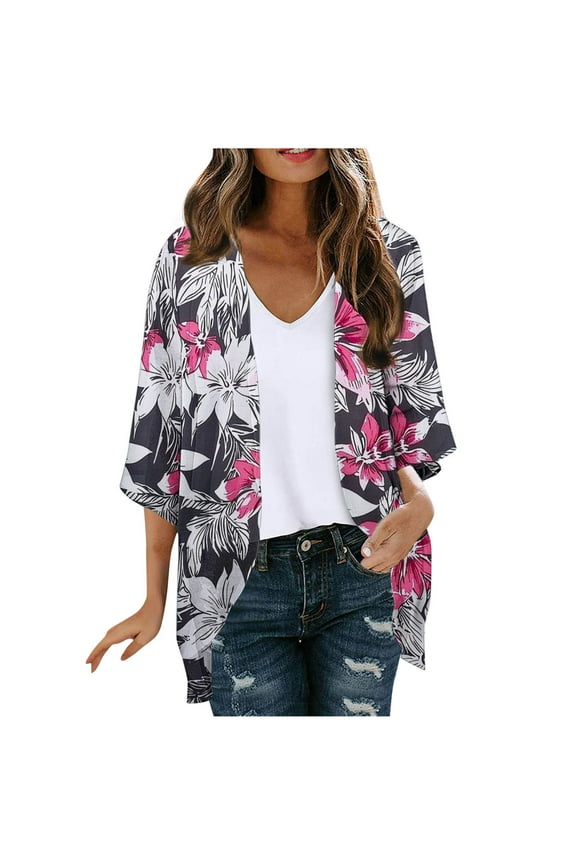 Women’s Summer Chiffon Cardigan Lightweight Cover-Up 3/4 Sleeve Sheer Colorful Floral Print Loose Fit Cardigan Tops for Beach Vacations 
