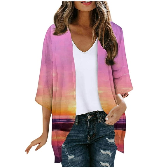 SwiftWear Women’s Summer Chiffon Cardigan Lightweight Cover-Up 3/4 Sleeve Sheer Colorful Floral Print Loose Fit Cardigan Tops for Beach Vacations ​​