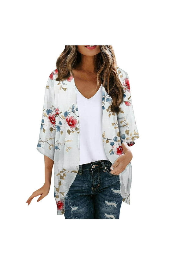 Women’s Summer Chiffon Cardigan Lightweight Cover-Up 3/4 Sleeve Sheer Colorful Floral Print Loose Fit Cardigan Tops for Beach Vacations 