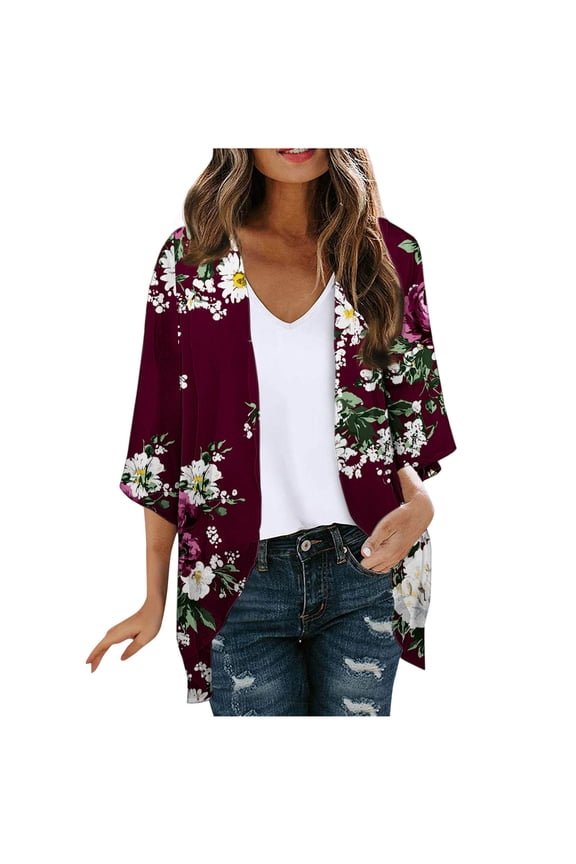 Women’s Summer Chiffon Cardigan Lightweight Cover-Up 3/4 Sleeve Sheer Colorful Floral Print Loose Fit Cardigan Tops for Beach Vacations ​​