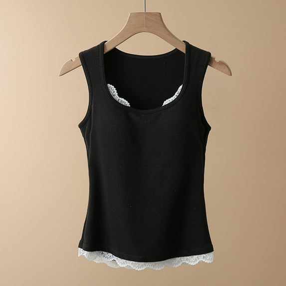 SwiftWear Women's Summer Lace Trim Built-in Bra Tank Tops Sleeveless Camisole Sleepwear Lightweight Bralette Cami, Black