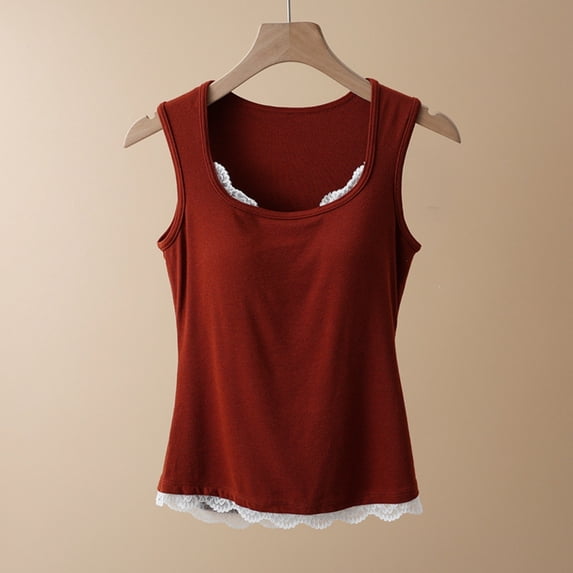 SwiftWear Women's Summer Lace Trim Built-in Bra Tank Tops Sleeveless Camisole Sleepwear Lightweight Bralette Cami, Red