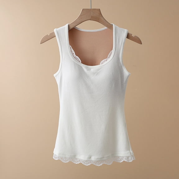 SwiftWear Women's Summer Lace Trim Built-in Bra Tank Tops Sleeveless Camisole Sleepwear Lightweight Bralette Cami​, White