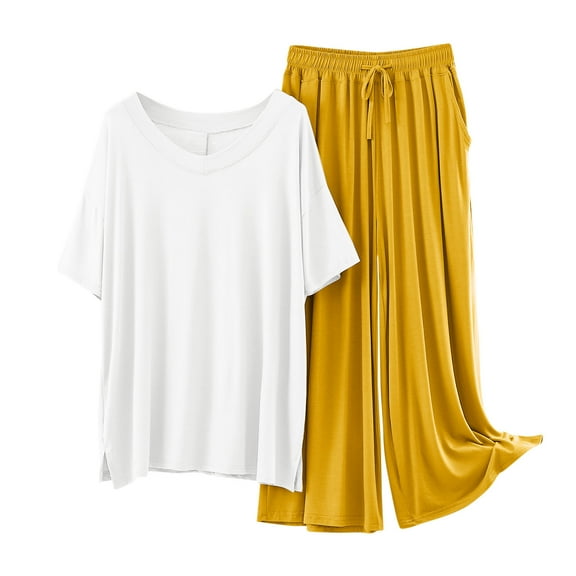 SwiftWear Women’s Summer Modal &Cotton Pajama Set V-Neck Short Sleeve Tee + Tie-Waist Wide Leg Pants Soft, Breathable, Multiple Colors for Cozy Home Comfort