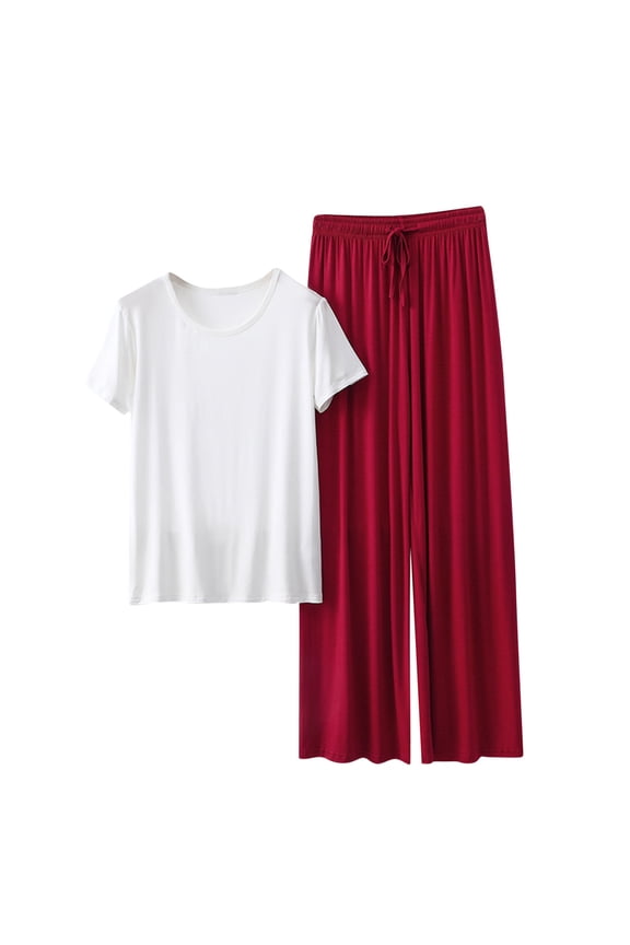 Women's Summer Modal Loose-Fit Solid Color 2-Piece Pajama Set | Crewneck Short Sleeve Top + Drawstring Wide-Leg Pants | M-XXL Sleepwear for Home & Casual Outings"