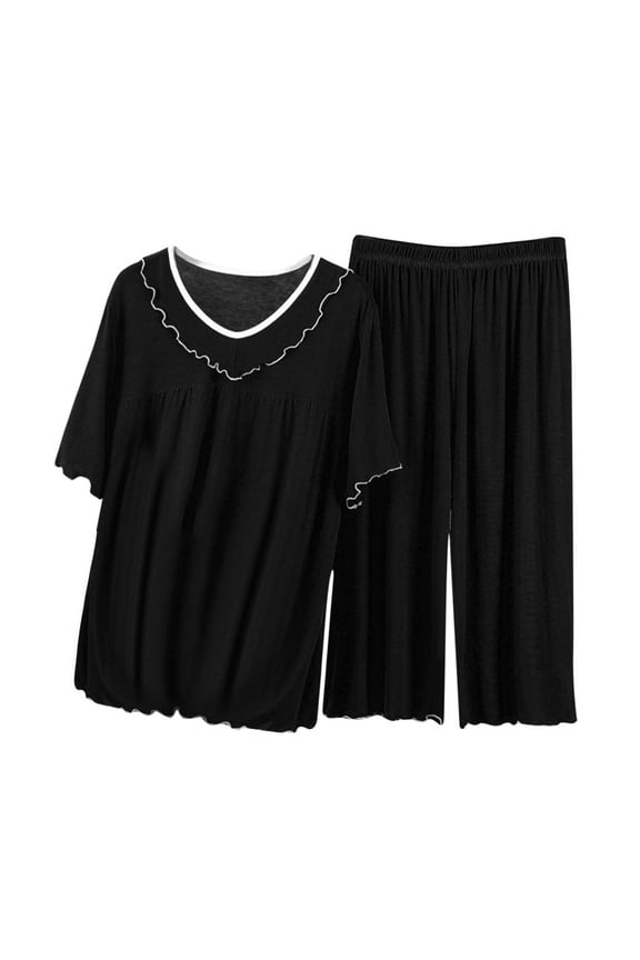 Women’s Summer Pajamas Set 2-Piece Sleepwear & Loungewear for Women - Soft Modal-Cotton-Blend V-Neck Short Sleeve Top with Ruffled Trim Relaxed Fit Capri Pants Comfy & Stylish