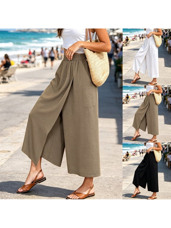 Women's Summer Split Hem High-Waist Culottes – Ultra Soft Elastic Waist Wide Leg Palazzo Pants with Pockets Stylish Casual Wear