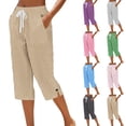 thumbnail image 1 of SwiftWear Women's Summer Striped Capri Pants Loose Straight Fit with Pockets Side Slit Button Detail Casual Cropped Trousers for Daily Vacation, 1 of 6