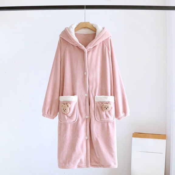 SwiftWear Women's Teddy Bear Hooded Robe Plush Fleece Bathrobe with Pocket, Cozy Button Front Loungewear for Fall Winter, Pink
